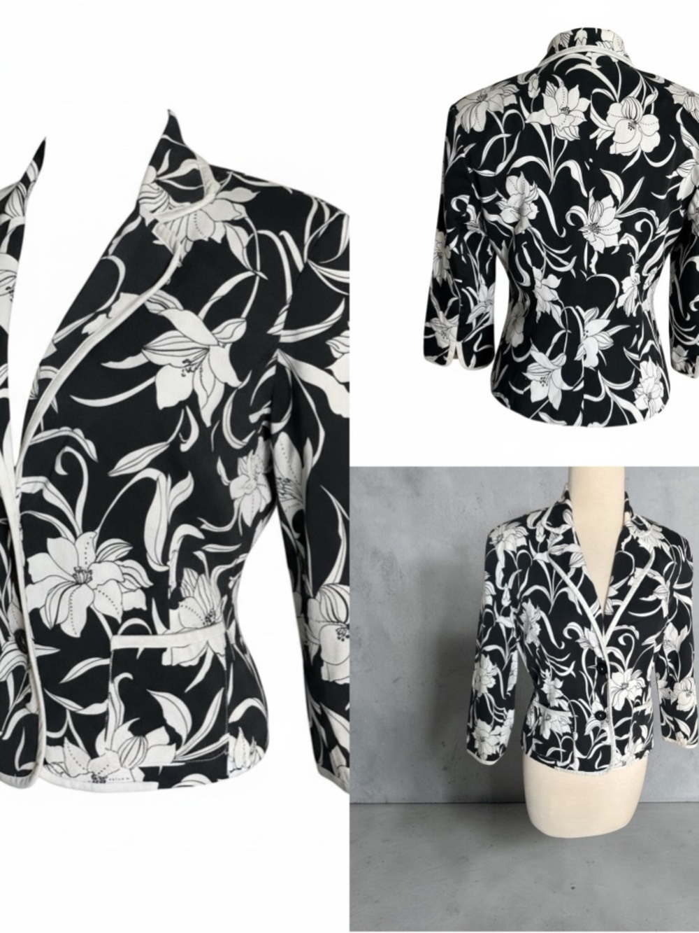 Carrie Allen Black White Blazer Size 6 Floral Print‎ Classic Career Jacket - Picture 2 of 8